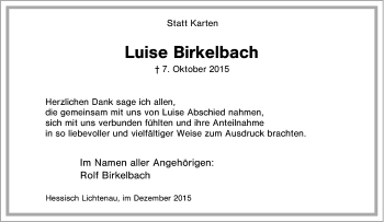 Traueranzeige von Luise Birkelbach von Tageszeitung