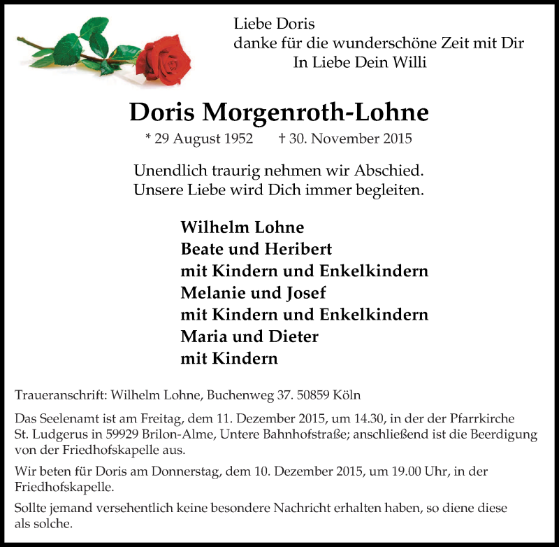 Traueranzeige für Doris Morgenroth-Lohne vom 07.12.2015 aus Tageszeitung