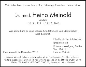 Traueranzeige von Heino Meinold von Tageszeitung