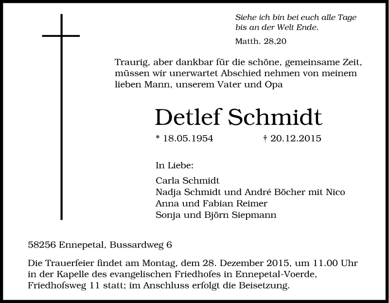  Traueranzeige für Detlef Schmidt vom 23.12.2015 aus Tageszeitung