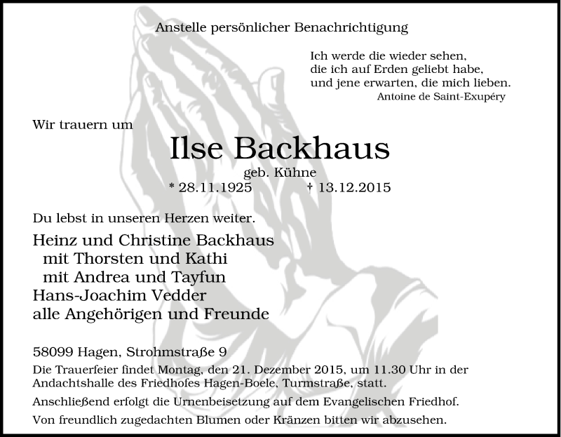  Traueranzeige für Ilse Backhaus vom 16.12.2015 aus Tageszeitung