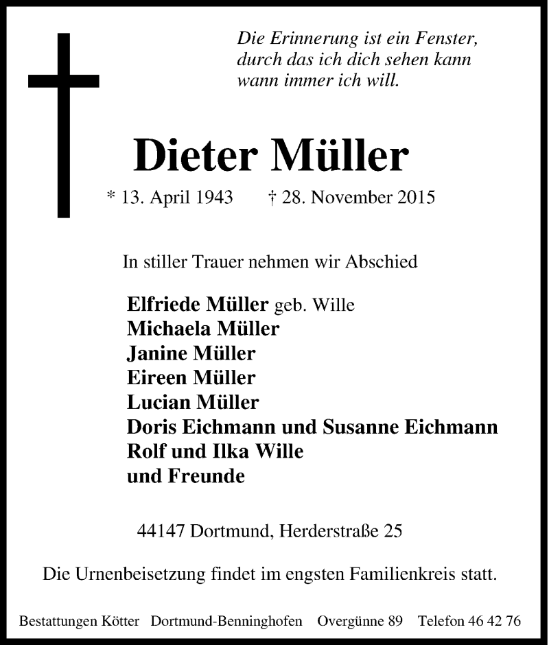  Traueranzeige für Dieter Müller vom 05.12.2015 aus Tageszeitung