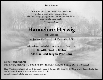 Traueranzeige von Hannelore Herwig von Tageszeitung