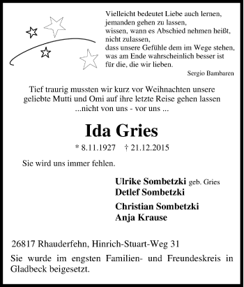 Traueranzeige von Ida Gries von Tageszeitung