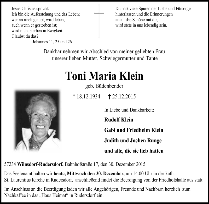  Traueranzeige für Toni Maria Klein vom 30.12.2015 aus Tageszeitung