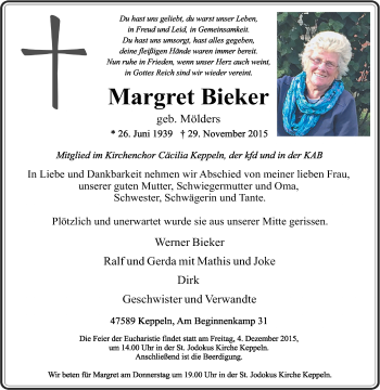 Traueranzeige von Margret Bieker von Tageszeitung