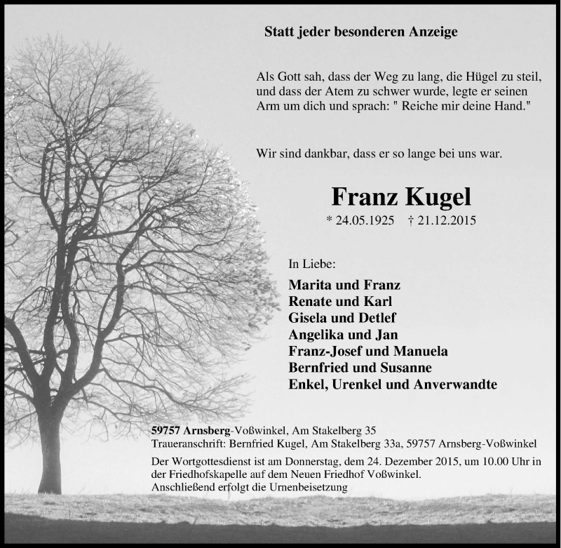  Traueranzeige für Franz Kugel vom 23.12.2015 aus Tageszeitung