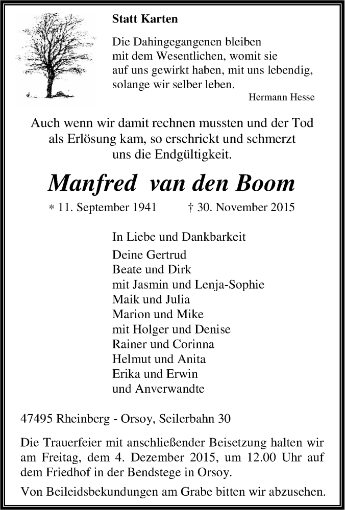  Traueranzeige für Manfred van den Boom vom 02.12.2015 aus Tageszeitung