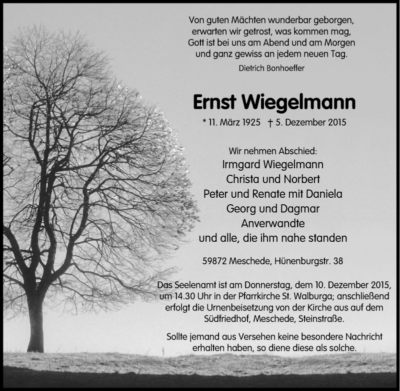  Traueranzeige für Ernst Wiegelmann vom 07.12.2015 aus Tageszeitung