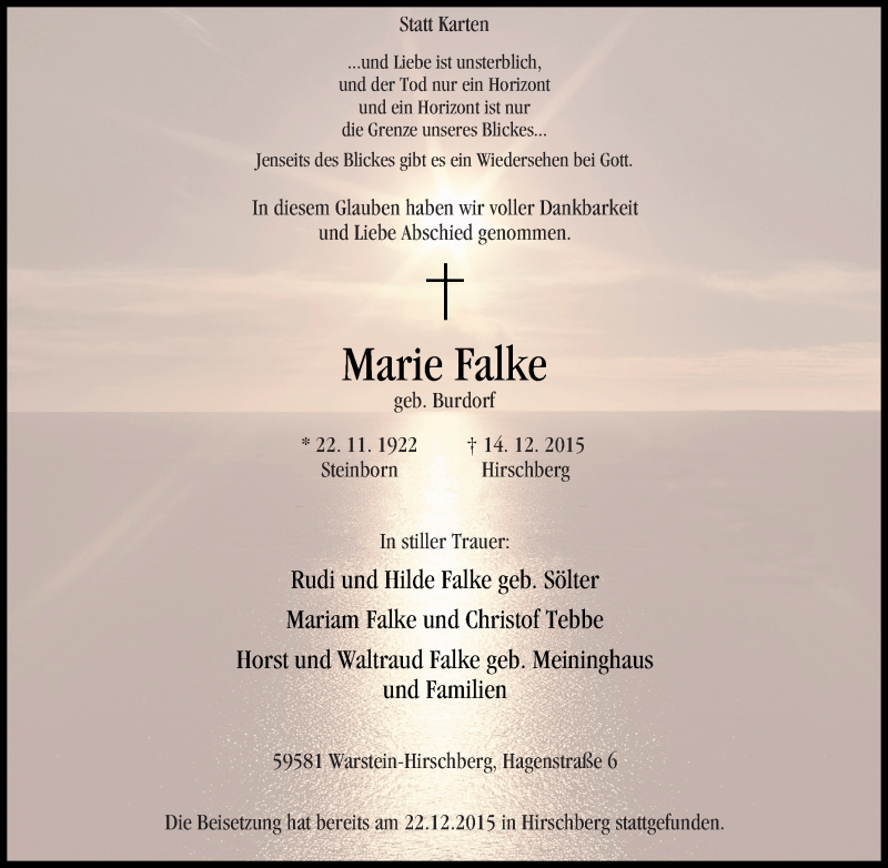  Traueranzeige für Marie Falke vom 30.12.2015 aus Tageszeitung
