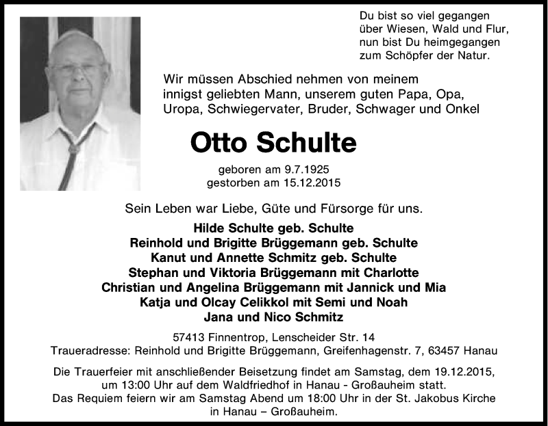 Traueranzeigen von Otto Schulte TrauerinNRW.de