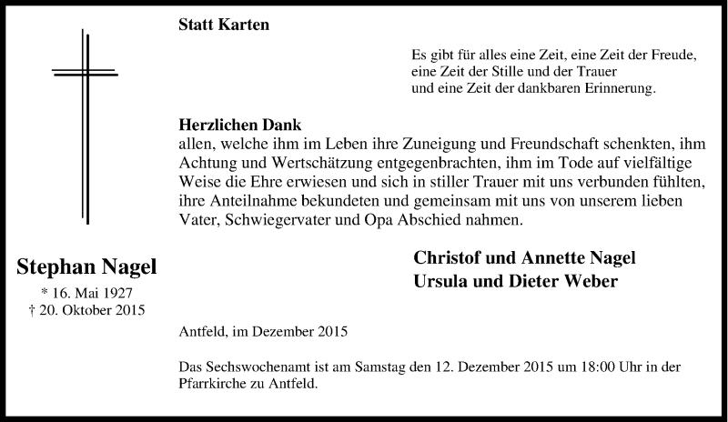  Traueranzeige für Stephan Nagel vom 05.12.2015 aus Tageszeitung