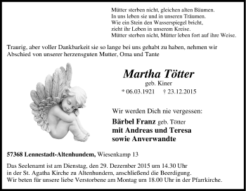 Traueranzeige von Martha Tötter von Tageszeitung