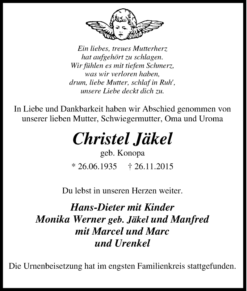  Traueranzeige für Christel Jäkel vom 12.12.2015 aus Tageszeitung