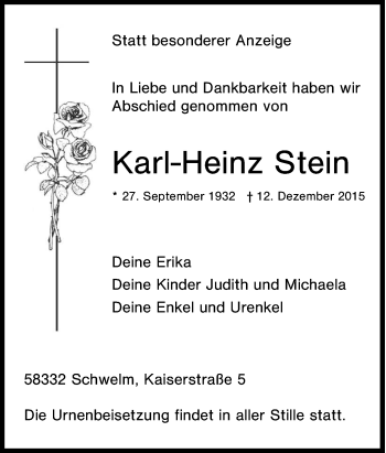 Traueranzeige von Karl-Heinz Stein von Tageszeitung