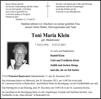 Traueranzeige von Toni Maria Klein von Tageszeitung