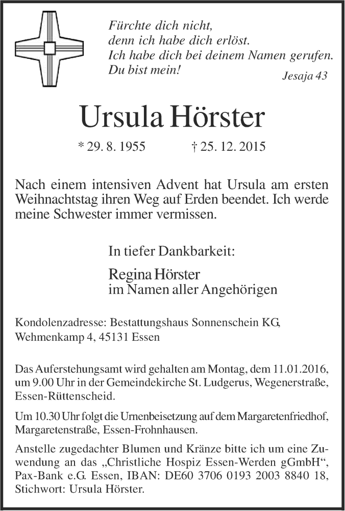  Traueranzeige für Ursula Hörster vom 30.12.2015 aus Tageszeitung