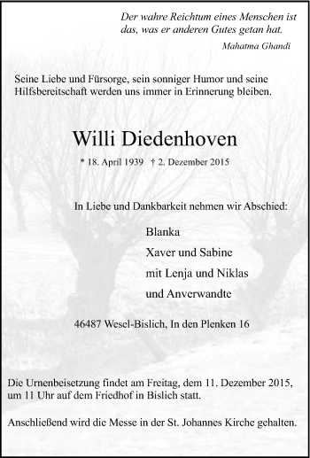 Traueranzeige von Willi Diedenhoven von Tageszeitung