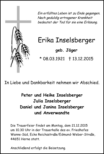 Traueranzeige von Erika Inselsberger von Tageszeitung