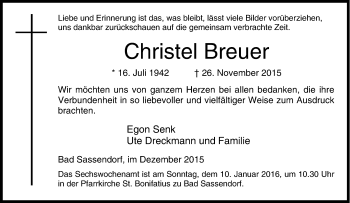 Traueranzeige von Christel Breuer von Tageszeitung