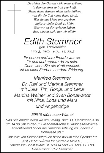 Traueranzeige von Edith Stemmer von Tageszeitung