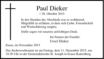 Traueranzeige von Paul Dieker von Tageszeitung