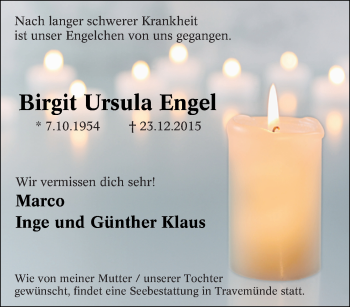 Traueranzeige von Birgit Ursula Engel von Tageszeitung