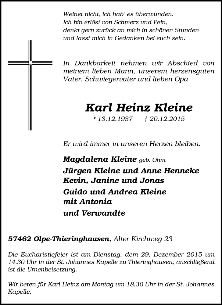  Traueranzeige für Karl Heinz Kleine vom 23.12.2015 aus Tageszeitung