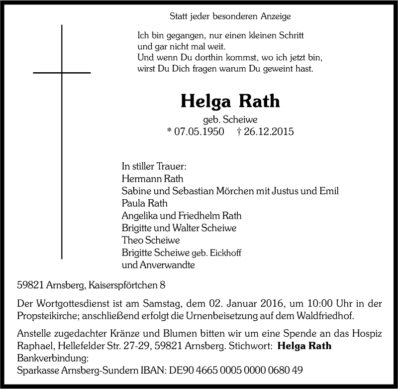 Traueranzeigen von Helga Rath | Trauer-in-NRW.de