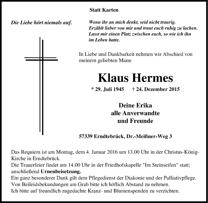Traueranzeigen von Klaus Hermes TrauerinNRW.de