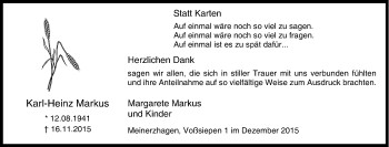 Traueranzeige von Karl-Heinz Markus von Tageszeitung