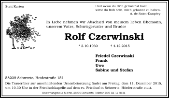 Traueranzeige von Rolf Czerwinski von Tageszeitung