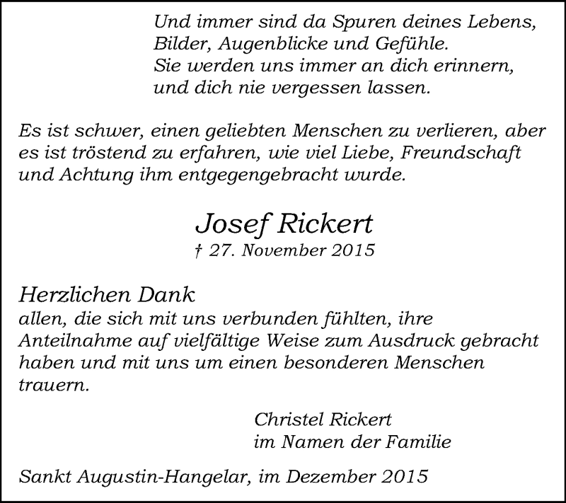  Traueranzeige für Josef Rickert vom 19.12.2015 aus Tageszeitung