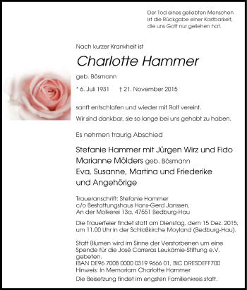Traueranzeige von Charlotte Hammer von Tageszeitung