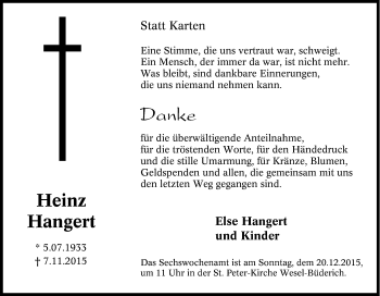 Traueranzeige von Heinz Hangert von Tageszeitung