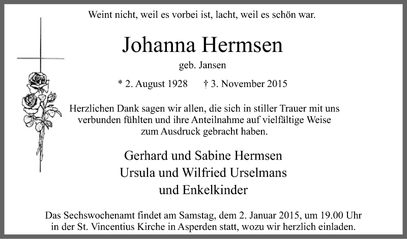  Traueranzeige für Johanna Hermsen vom 29.12.2015 aus Tageszeitung
