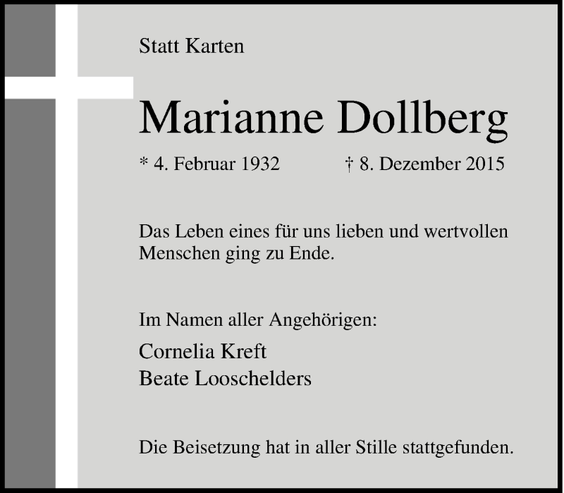  Traueranzeige für Marianne Dollberg vom 23.12.2015 aus Tageszeitung