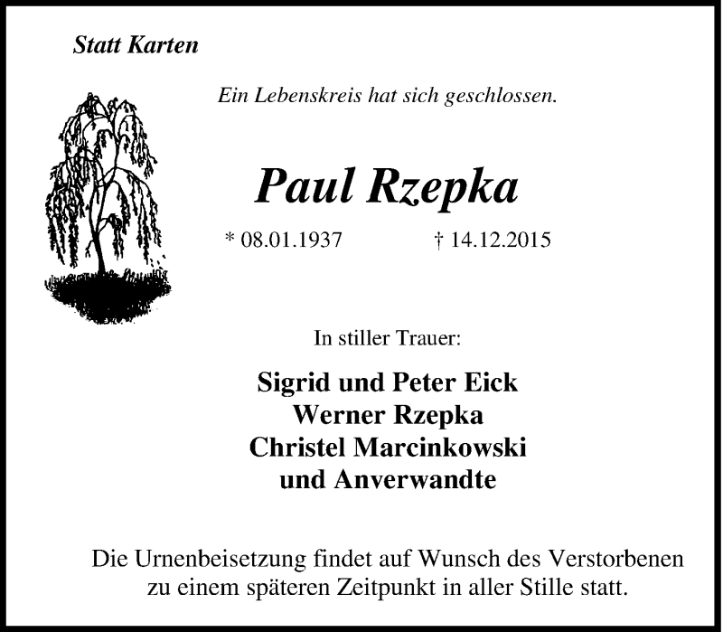  Traueranzeige für Paul Rzepka vom 19.12.2015 aus Tageszeitung