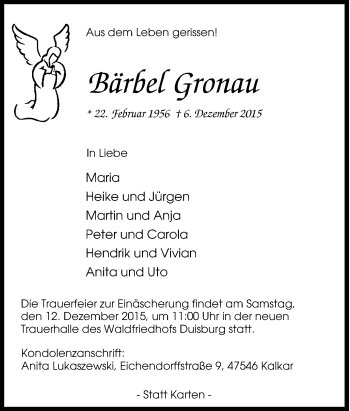 Traueranzeige von Bärbel Gronau von Tageszeitung