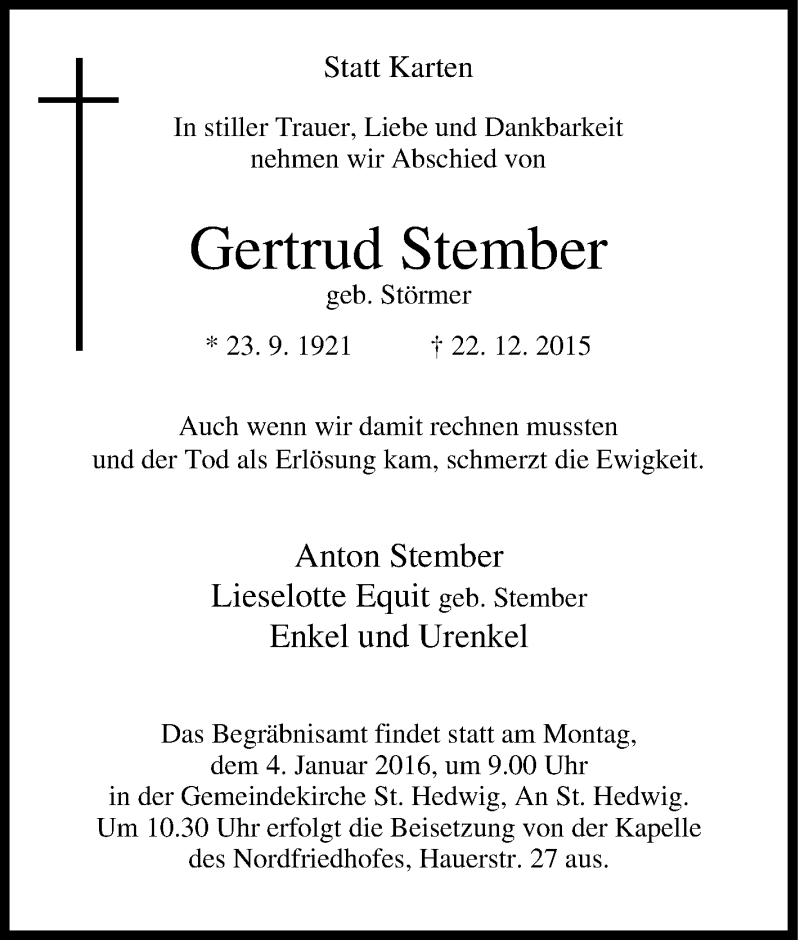  Traueranzeige für Gertrud Stember vom 30.12.2015 aus Tageszeitung