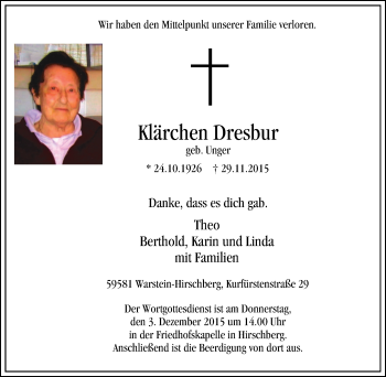 Traueranzeige von Klärchen Dresbur von Tageszeitung