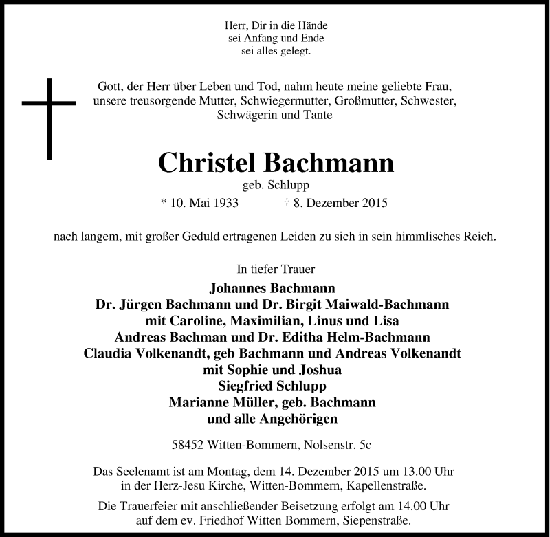  Traueranzeige für Christel Bachmann vom 10.12.2015 aus Tageszeitung