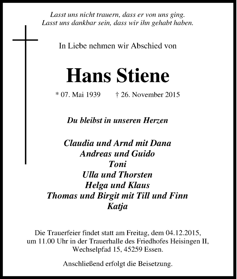  Traueranzeige für Hans Stiene  vom 01.12.2015 aus Tageszeitung