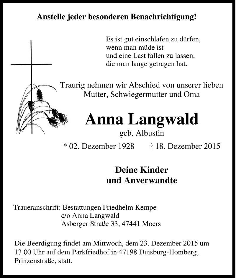  Traueranzeige für Anna Langwald vom 21.12.2015 aus Tageszeitung