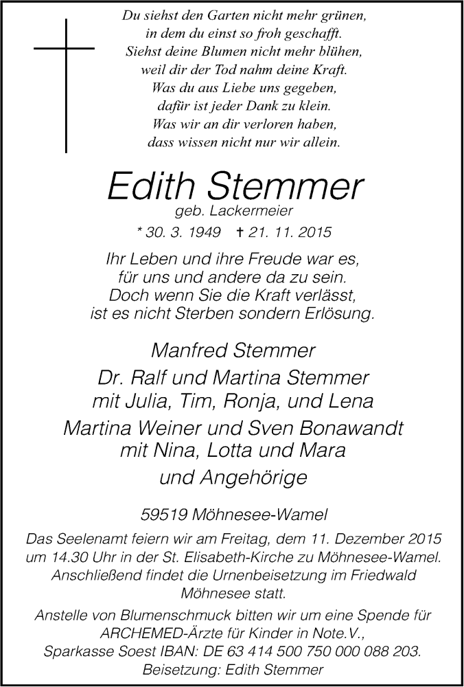  Traueranzeige für Edith Stemmer vom 05.12.2015 aus Tageszeitung