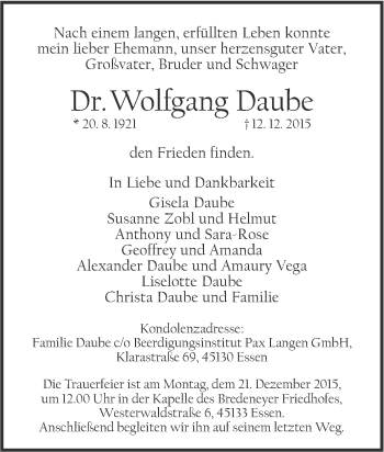 Traueranzeige von Wolfgang Daube von Tageszeitung