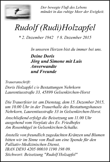 Traueranzeige von Rudolf Holzapfel von Tageszeitung