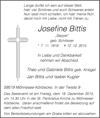 Traueranzeige von Josefine Bittis von Tageszeitung
