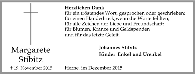  Traueranzeige für Margarete Stibitz vom 19.12.2015 aus Tageszeitung