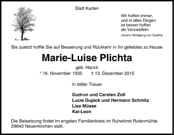 Traueranzeige von Marie-Luise Plichta von Tageszeitung
